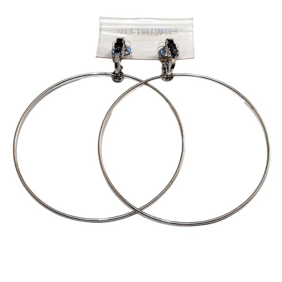 2 3/4 Inch 70mm Hoop Clip On Earrings Silver Tone 57mm Wide Ring - Picture 2 of 5